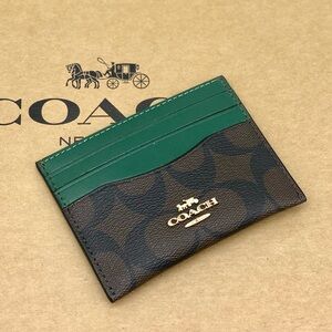 Coach Signature Green and Brown Card Holder Small Wallet